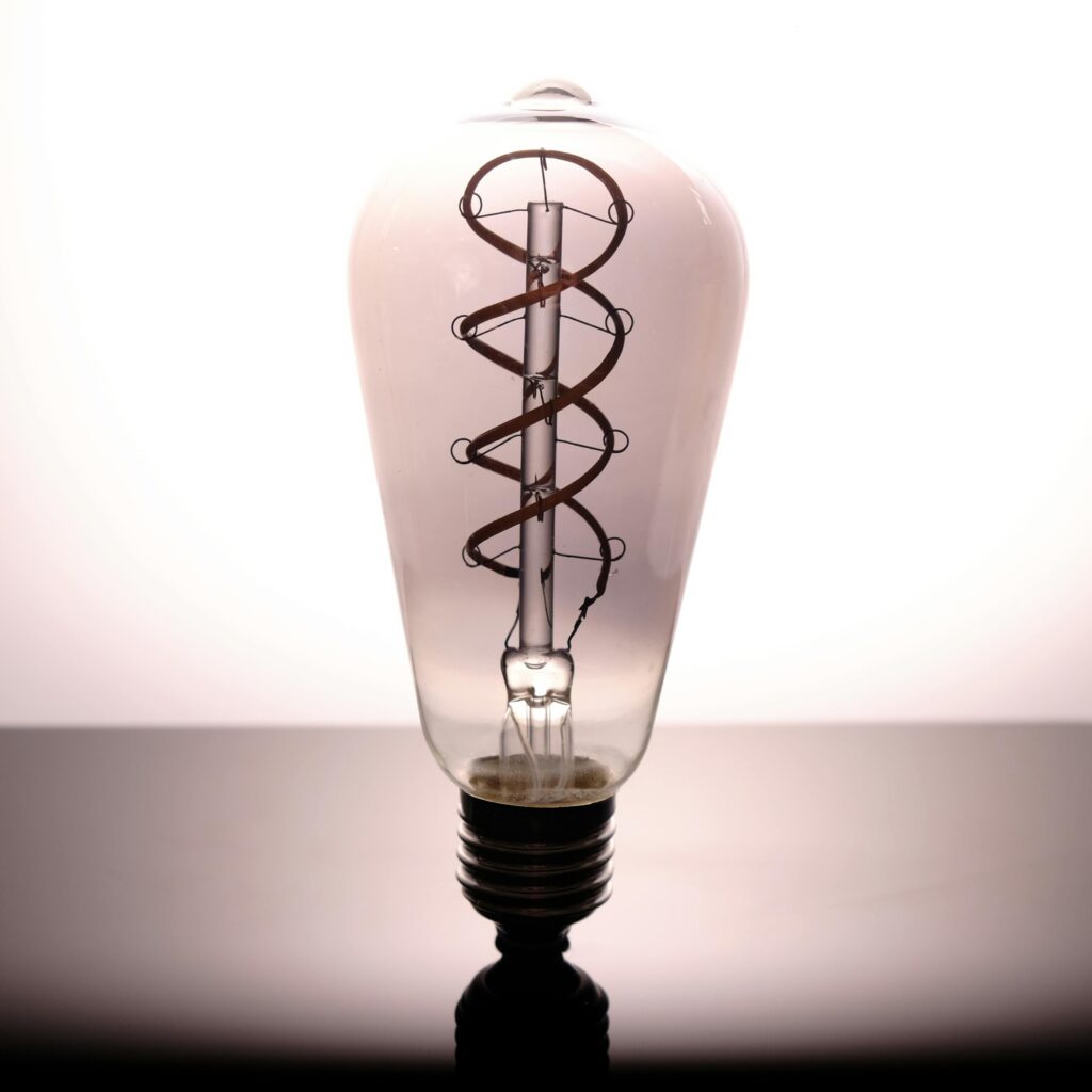 Close-up of a vintage Edison-style light bulb showing intricate spiral filament design.